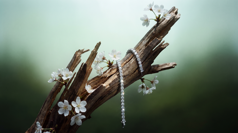 Diamond tennis bracelet draped over weathered driftwood with white blossoms