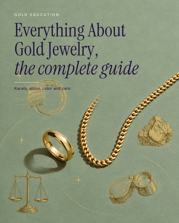 Illustrated poster of a yellow gold chain and a plain gold band on sage green, with gold line drawings of a gold nugget, a ring cross-section, a loupe and a balance scale