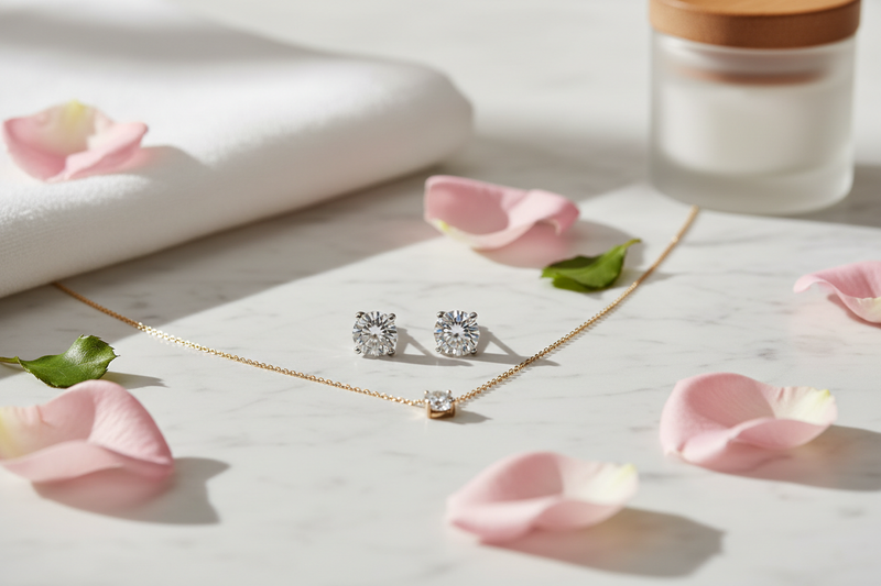 Diamond stud earrings and a gold solitaire necklace on marble with scattered pink rose petals
