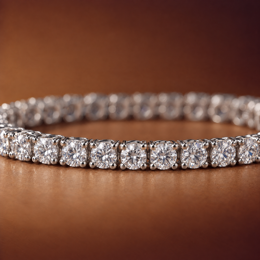 Close-up of round lab-grown diamonds in four-prong 14K white gold settings on a 10 carat tennis bracelet, AI-generated image — DEEVE