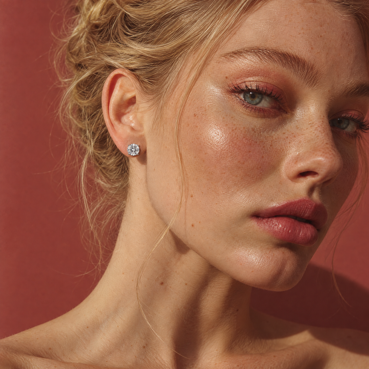Model wearing 3 carat lab-grown diamond stud earrings in 14K white gold, AI-generated image — DEEVE