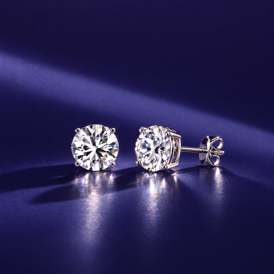 Pair of 3 carat round lab-grown diamond stud earrings in 14K white gold, four-prong settings, indigo background, AI-generated image — DEEVE