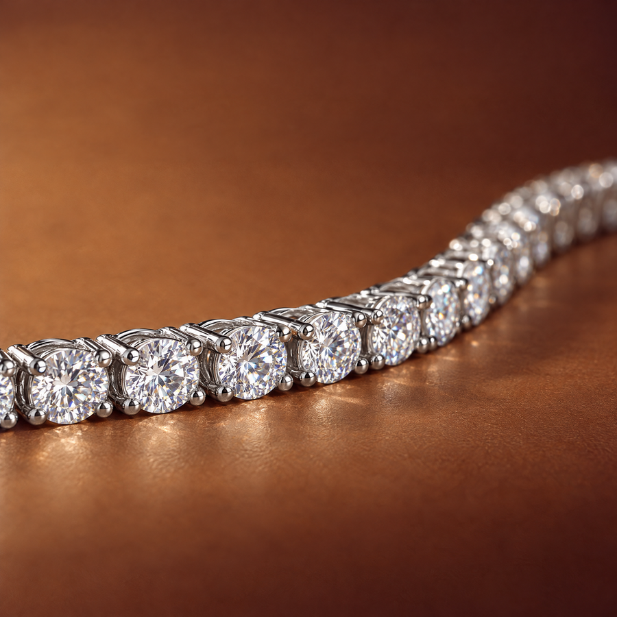 Close-up of round lab-grown diamonds in four-prong 14K white gold settings on a 4 carat tennis bracelet, AI-generated image — DEEVE