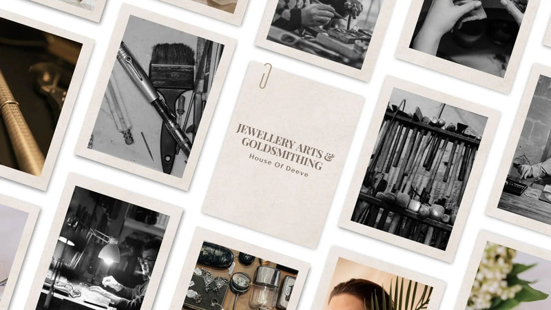 Collage of black-and-white goldsmithing workshop photographs — bench tools, hammers and a goldsmith at work