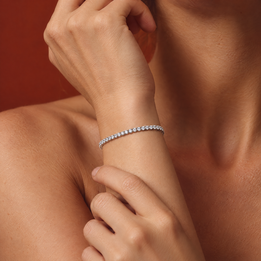 Close-up of a 2 carat lab-grown diamond tennis bracelet in 14K white gold worn on the wrist — AI-generated image — DEEVE