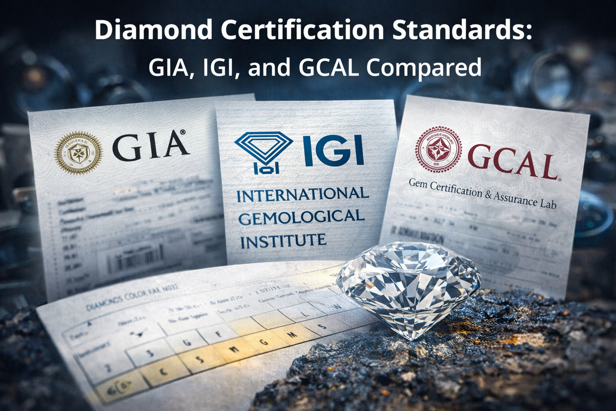 GIA, IGI and GCAL diamond grading reports side by side with a loose round brilliant diamond