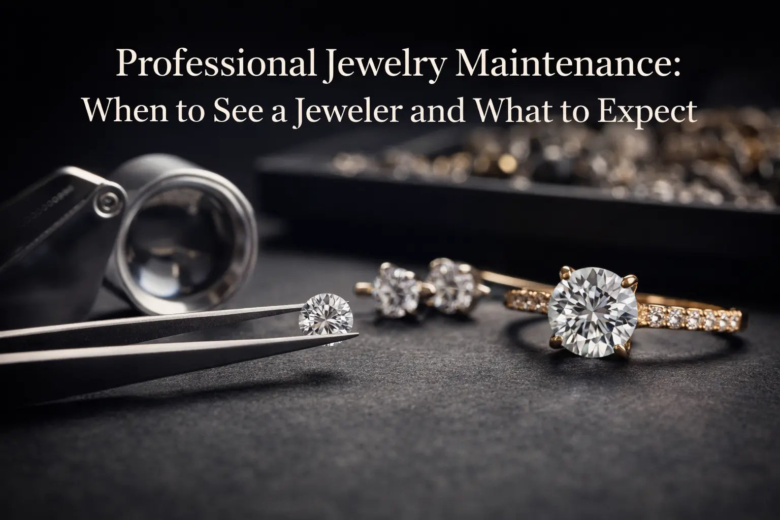 Jeweler inspecting a gold diamond ring under magnification during professional maintenance service