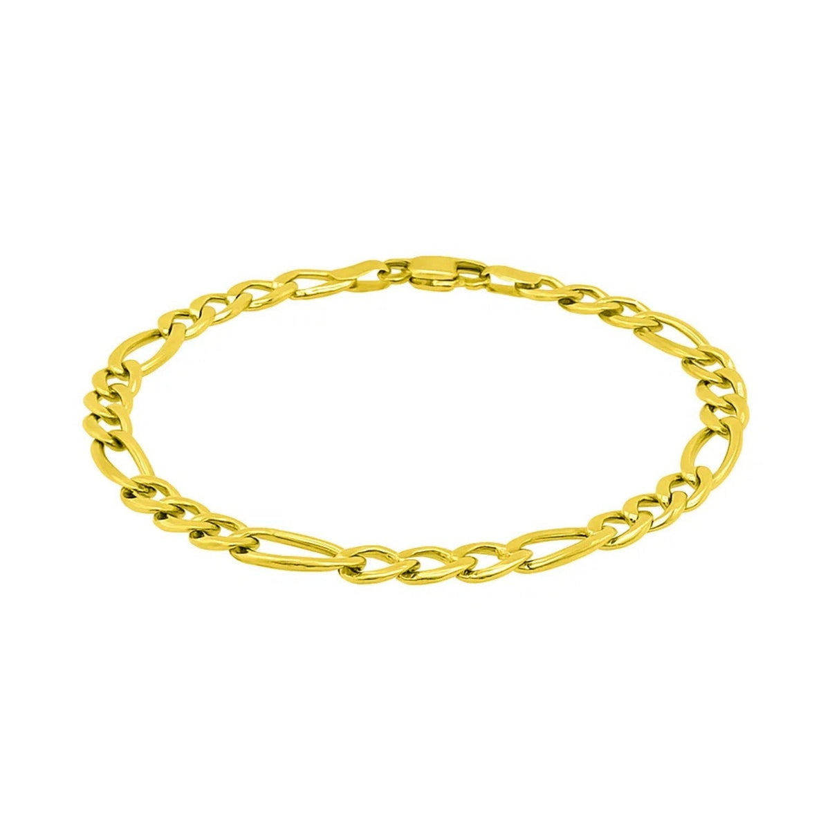 Solid 14K yellow gold Figaro chain bracelet with alternating long and short links and a lobster clasp, laid in an open loop on white