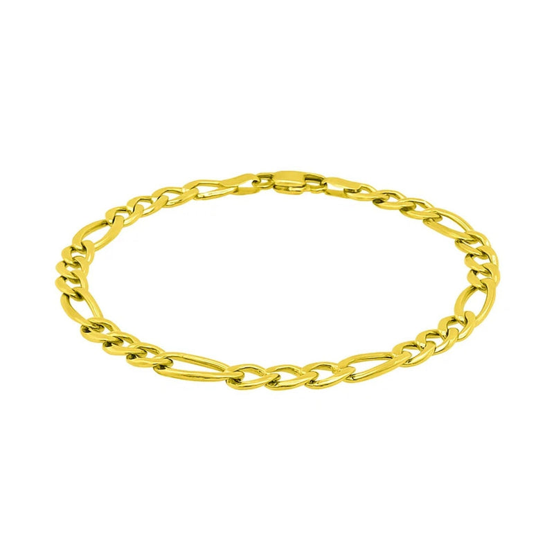 Solid 14K yellow gold Figaro chain bracelet with alternating long and short links and a lobster clasp, laid in an open loop on white