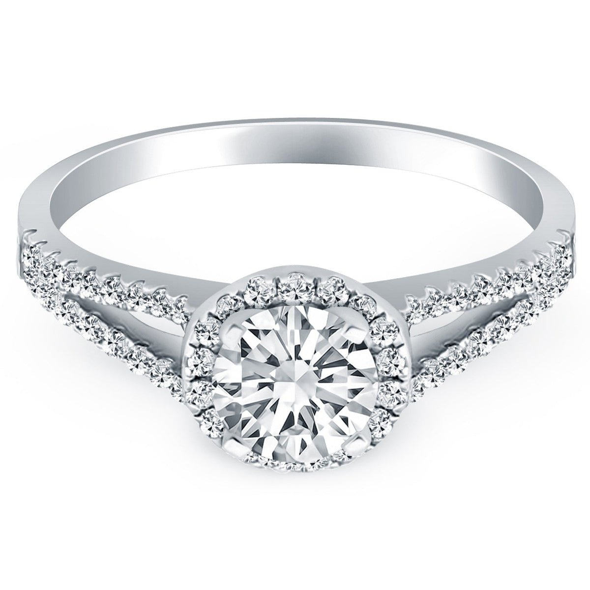White gold halo engagement ring with a round brilliant centre stone and split pave shoulders