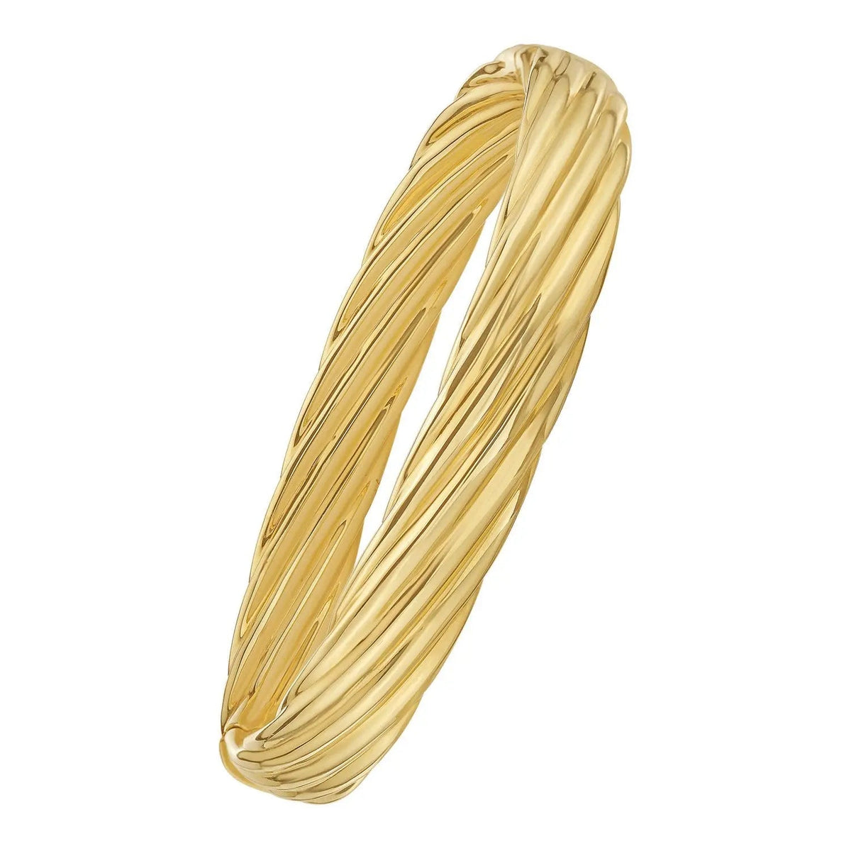 Solid 14K yellow gold twist bangle, 10mm wide, shaped as a single continuous helix with a flush snap lock clasp, photographed from the front on white