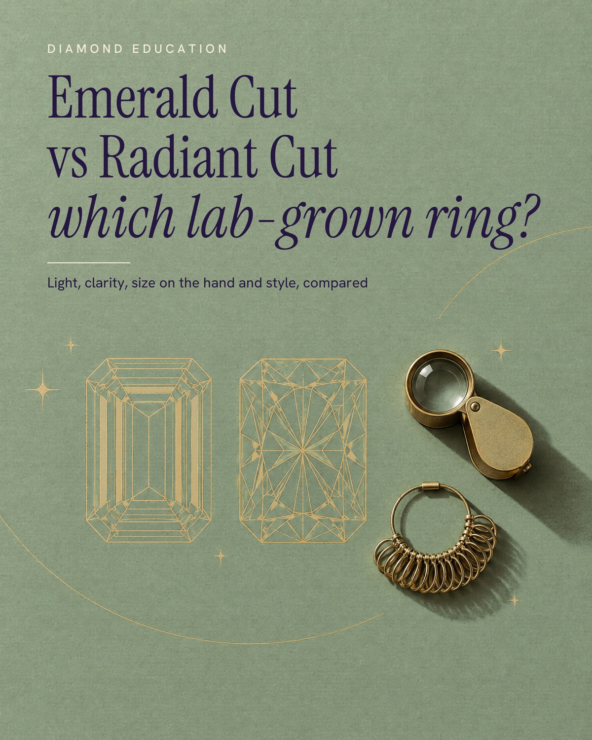 Sage poster titled Emerald Cut vs Radiant Cut: fine gold line drawings of an emerald cut and a radiant cut diamond face up, side by side, beside a brass jeweler's loupe and a ring sizer
