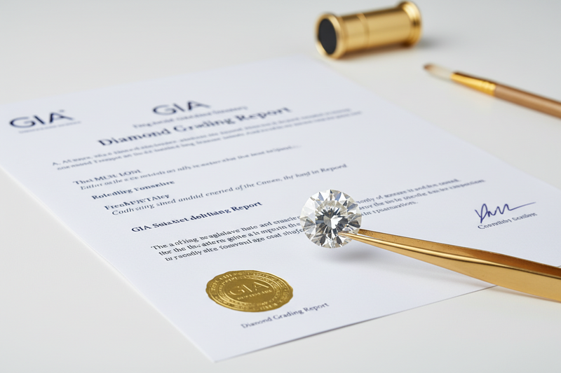 A GIA Diamond Grading Report with a round brilliant diamond resting on it beside a jeweller's loupe