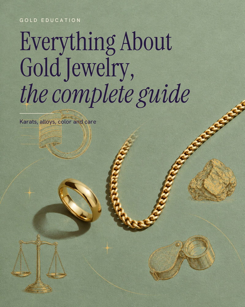 Illustrated poster of a yellow gold chain and a plain gold band on sage green, with gold line drawings of a gold nugget, a ring cross-section, a loupe and a balance scale