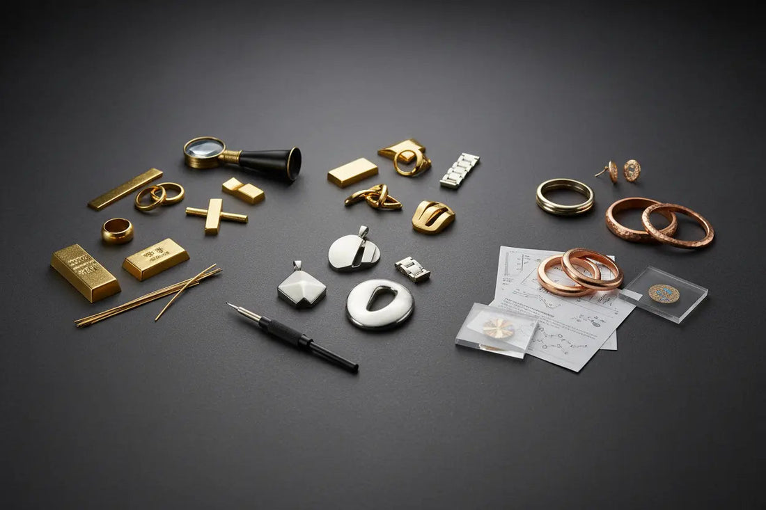 Gold alloy composition chart showing how copper, silver, and palladium affect strength, color, and wear in 14K and 18K gold