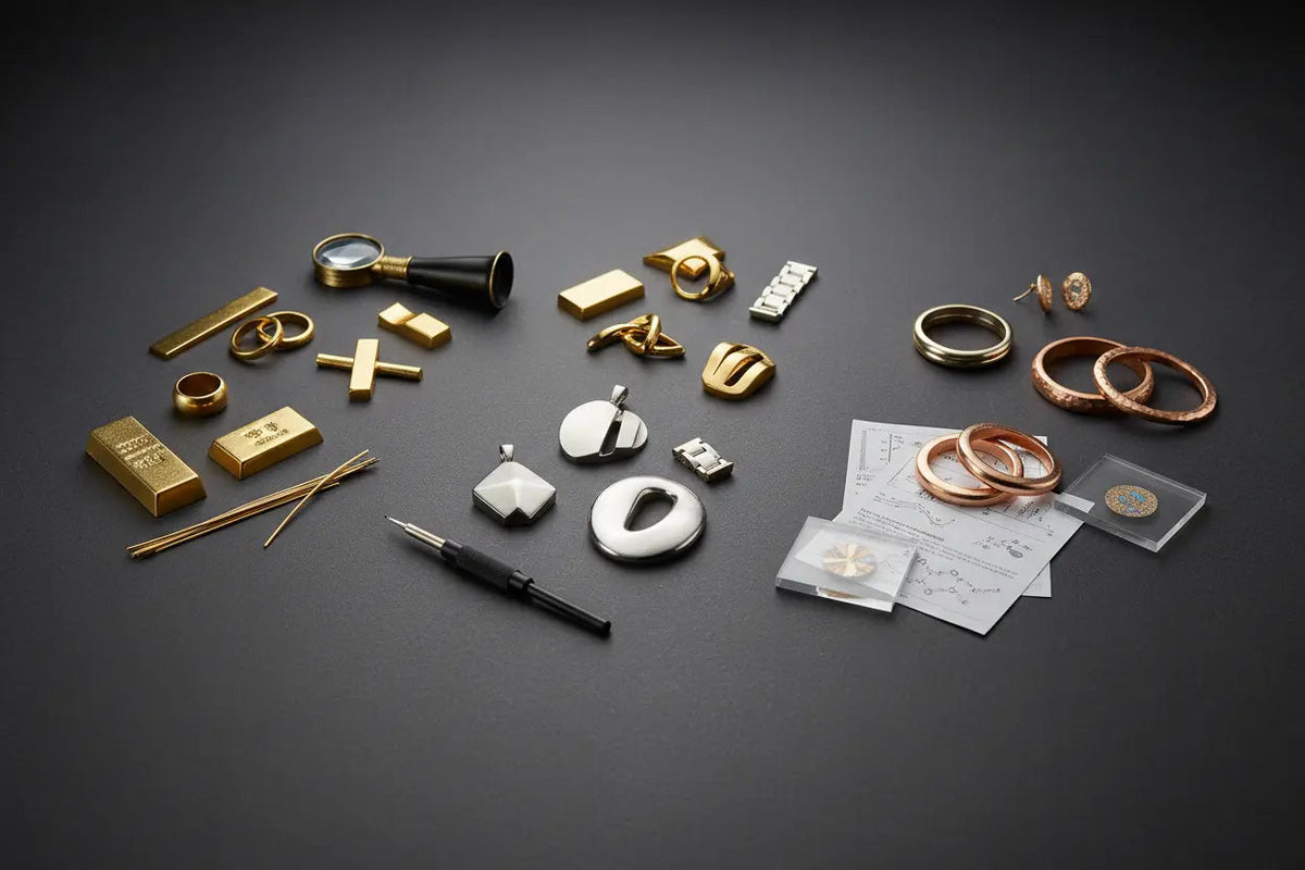 Gold alloy composition chart showing how copper, silver, and palladium affect strength, color, and wear in 14K and 18K gold