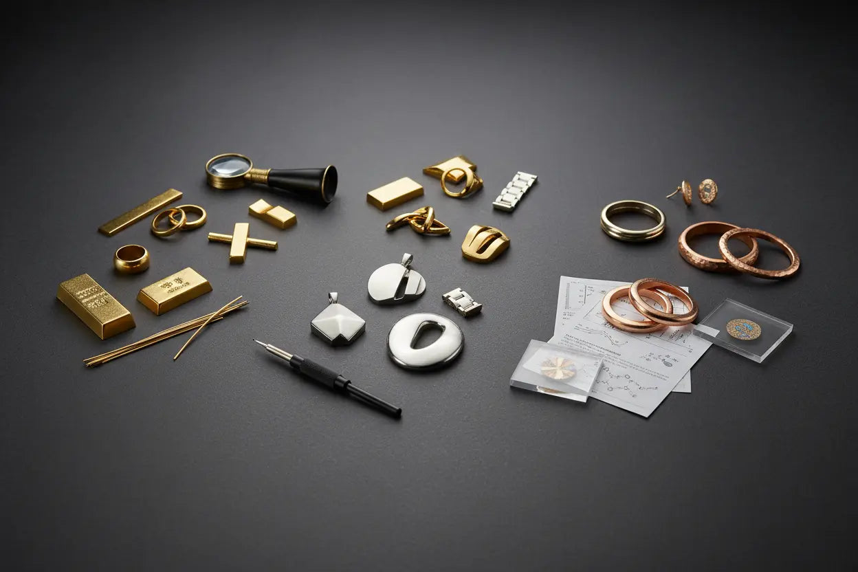 Gold alloy composition chart showing how copper, silver, and palladium affect strength, color, and wear in 14K and 18K gold