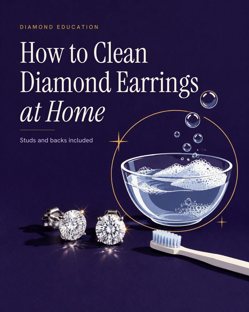 Illustrated poster of a pair of diamond stud earrings beside a glass bowl of soapy water and a soft toothbrush on a deep indigo background