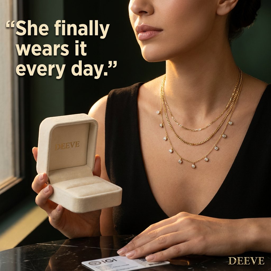 Woman wearing three layered 14K gold necklaces and holding an open jewellery box
