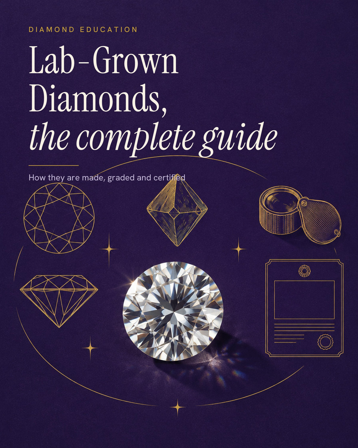 Illustrated poster of a loose round brilliant diamond on deep indigo, with gold line drawings of its facet diagrams, a growing crystal, a loupe and a grading report