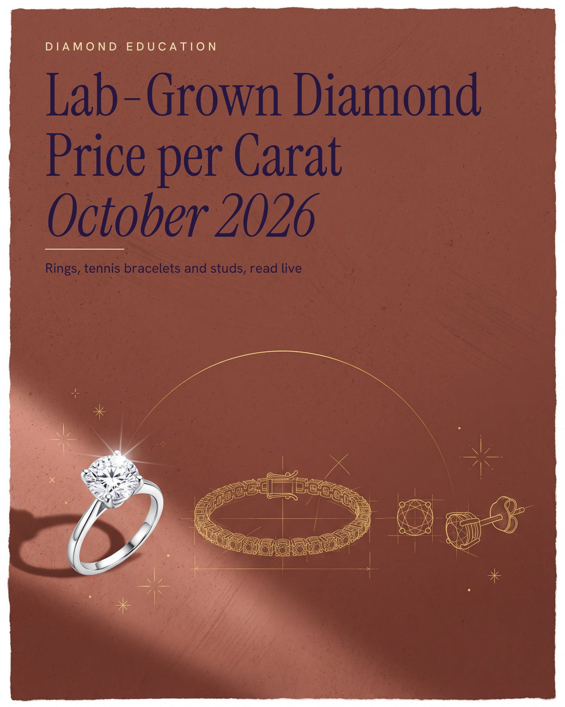 Illustrated poster of a solitaire ring beside a tennis bracelet and stud earrings drawn in fine gold line on a brick-red background