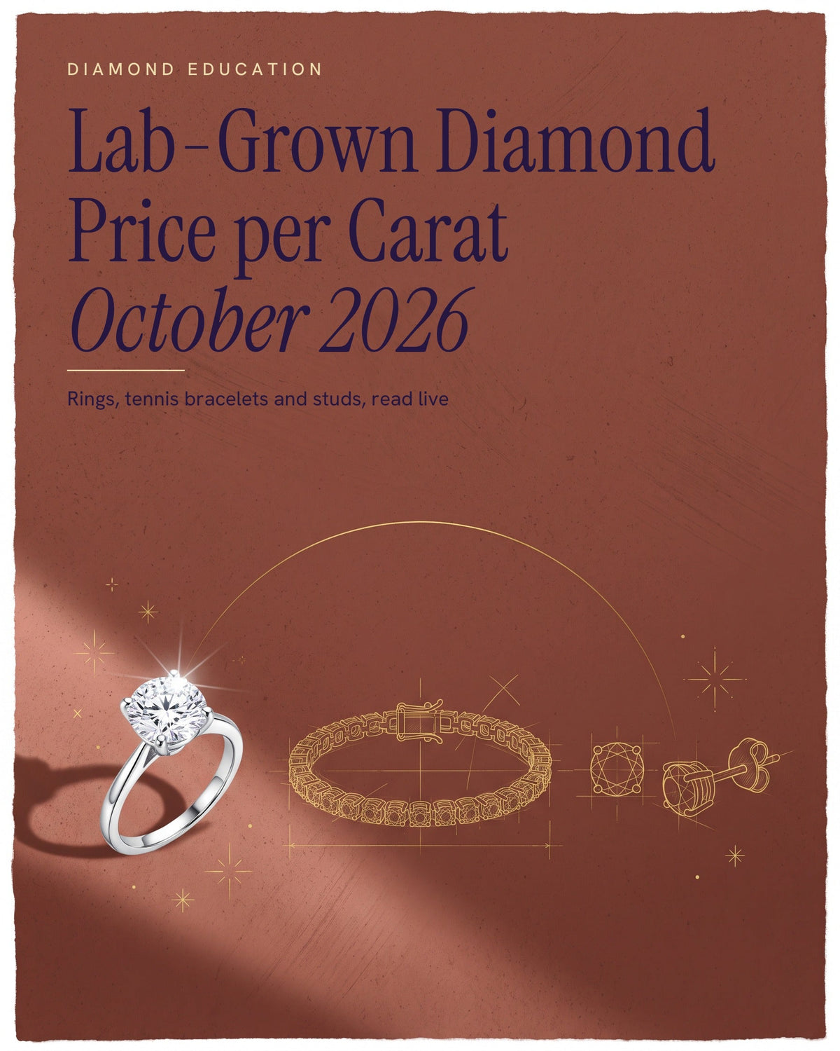 Illustrated poster of a solitaire ring beside a tennis bracelet and stud earrings drawn in fine gold line on a brick-red background