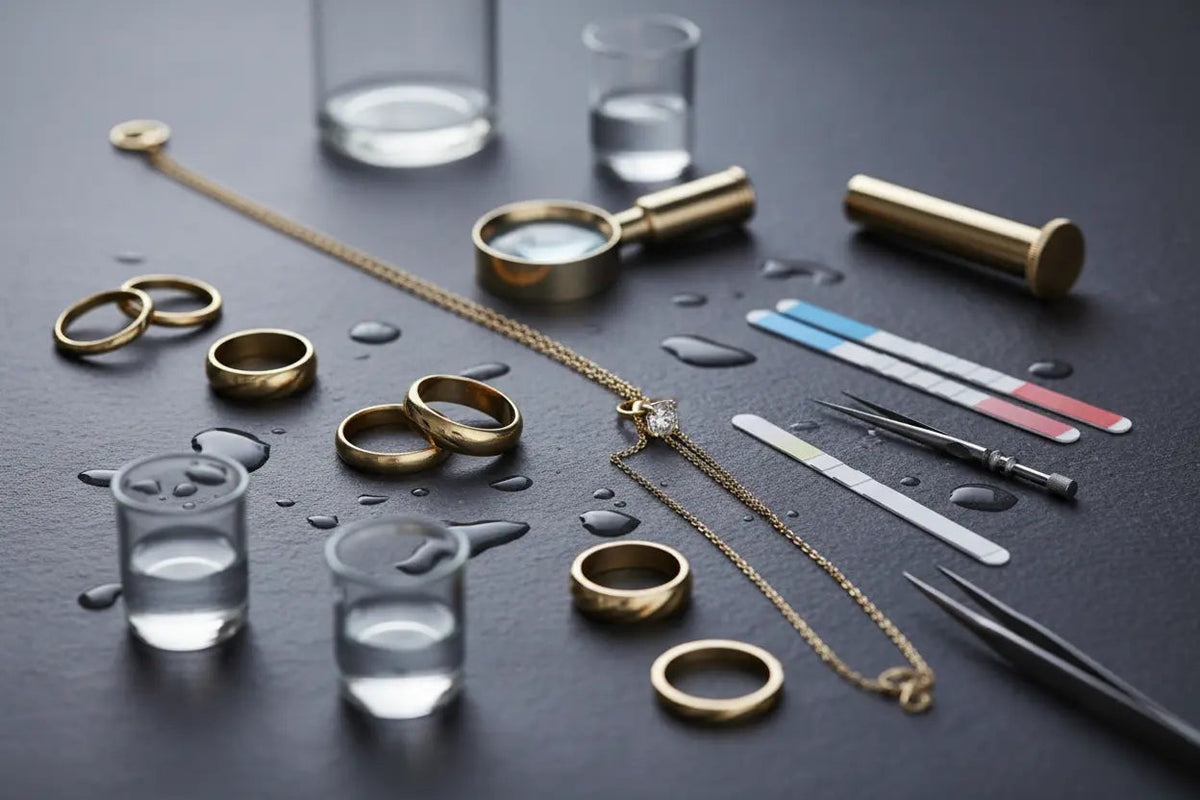 Gold rings and a fine chain on a dark surface with water droplets, laboratory beakers, pH test strips and tweezers