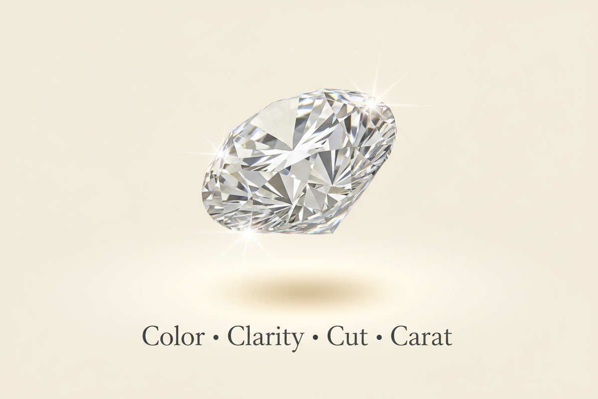 Illustration of a round brilliant diamond above the words Color, Clarity, Cut and Carat