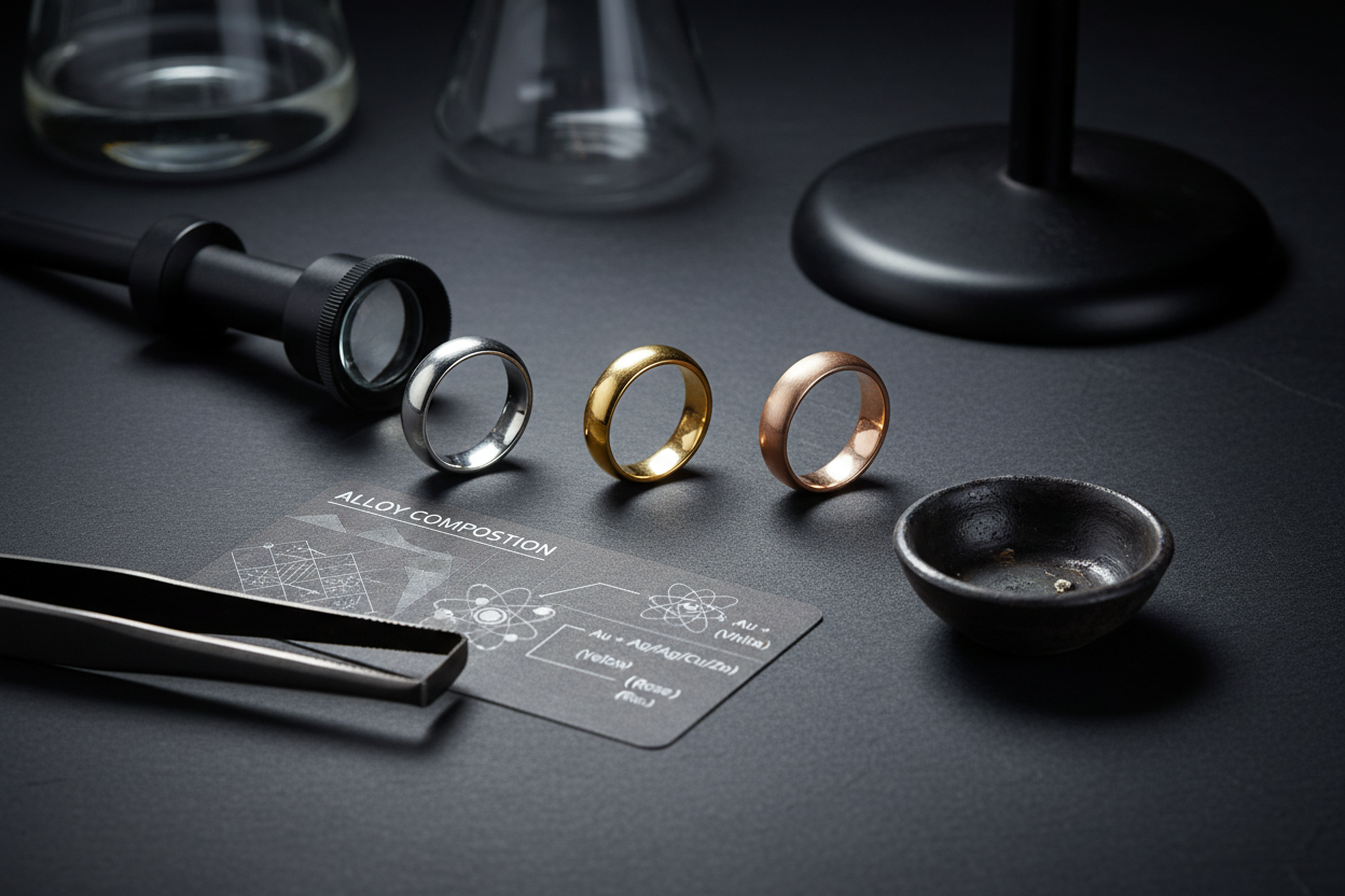 Comparison of white gold, yellow gold, and rose gold jewelry pieces showing color differences"