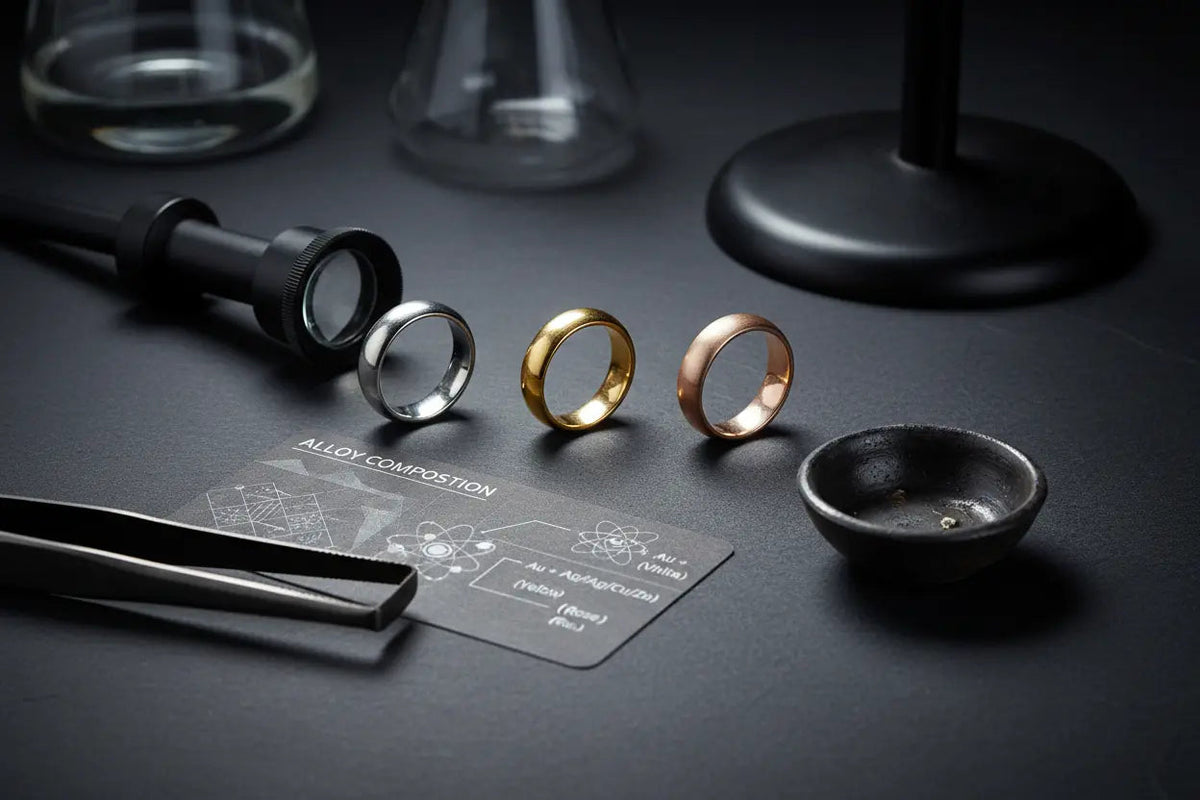Comparison of white gold, yellow gold, and rose gold jewelry pieces showing color differences
