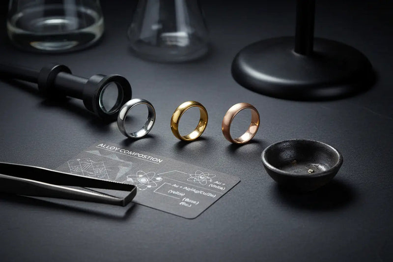 Comparison of white gold, yellow gold, and rose gold jewelry pieces showing color differences