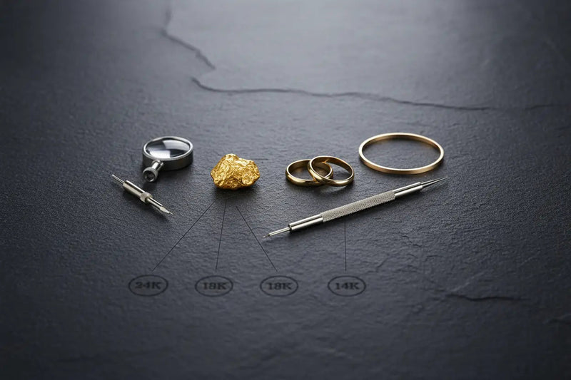 Close-up of 24K pure gold bangle showing surface deformation and scratches compared to solid 14K gold ring