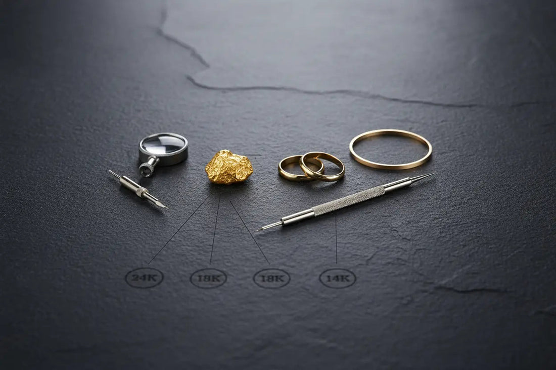 Close-up of 24K pure gold bangle showing surface deformation and scratches compared to solid 14K gold ring