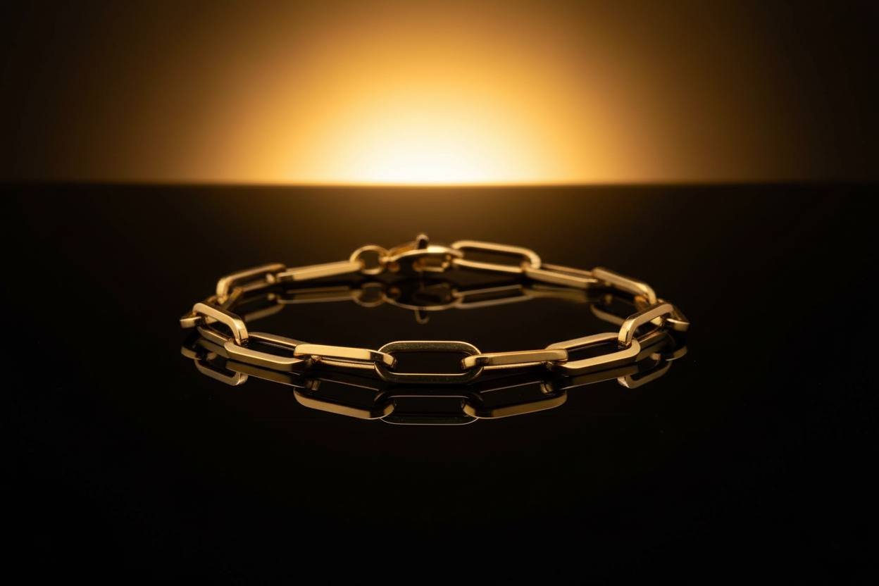 14K Yellow gold paperclip chain bracelet from Deeve on dark reflective background