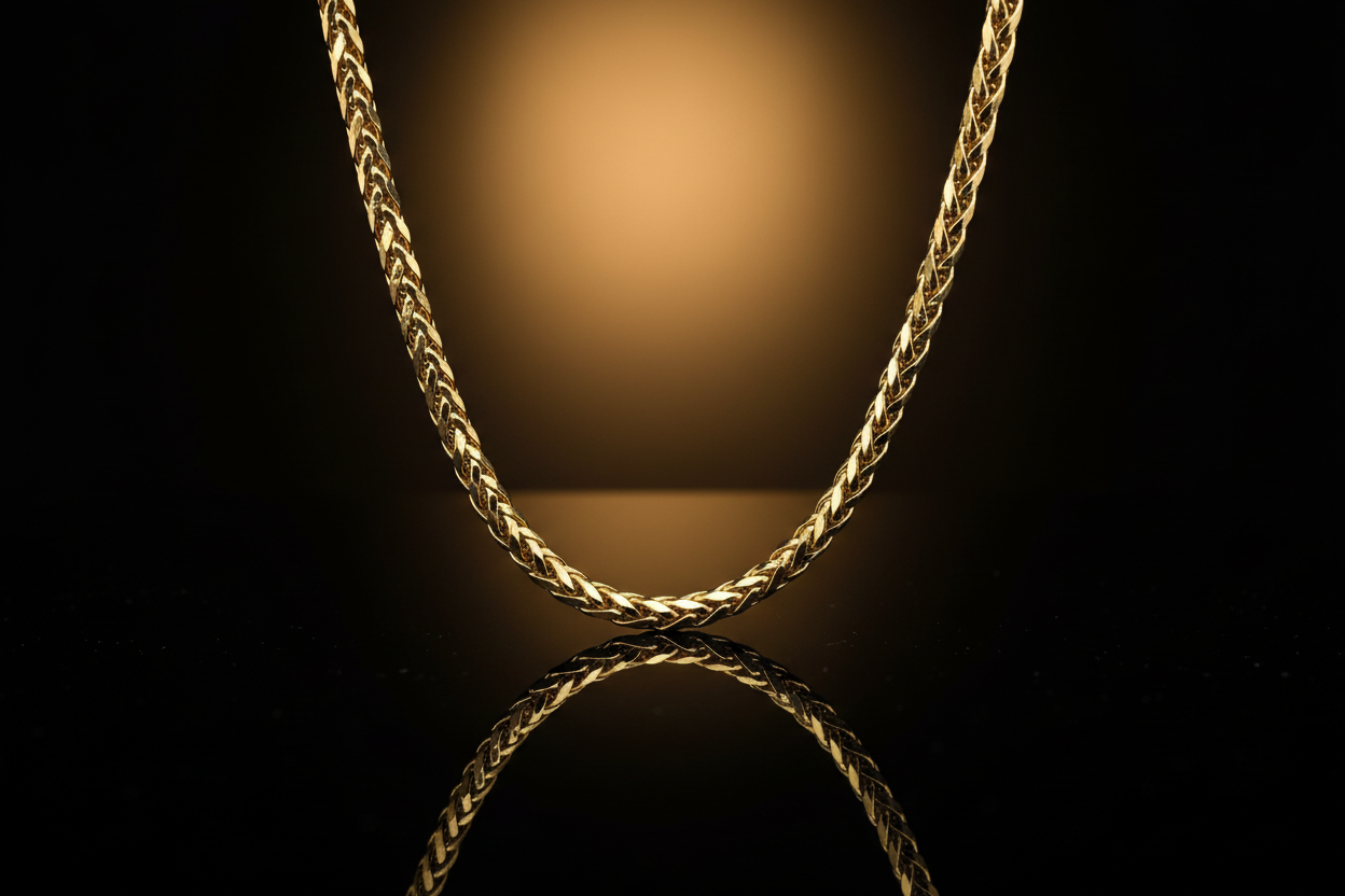 24k yellow gold luxury franco chain on dark reflective background and Deeve's jewelry logo