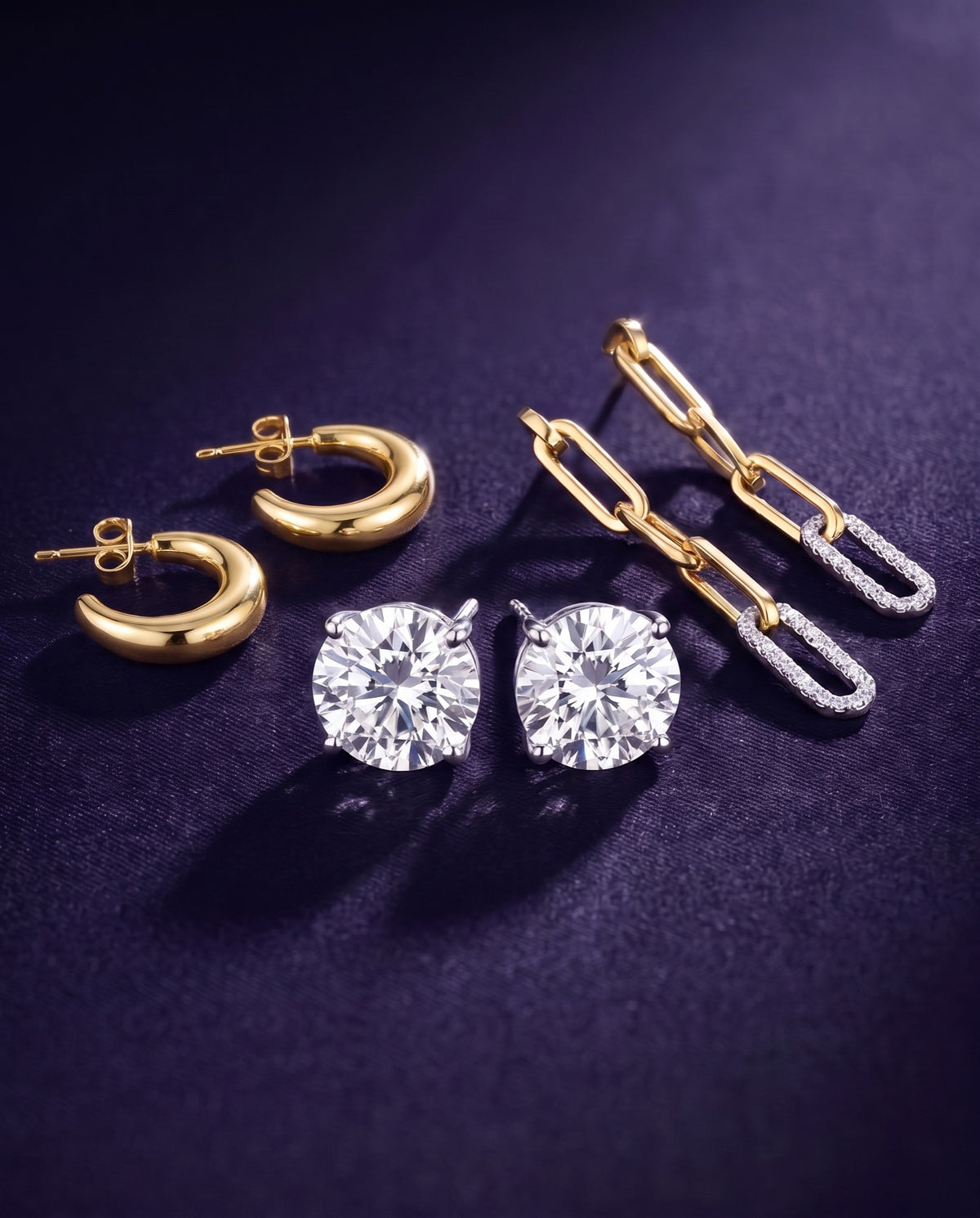 Lab grown diamond stud earrings, gold huggie hoops and diamond paperclip drop earrings in 14K gold