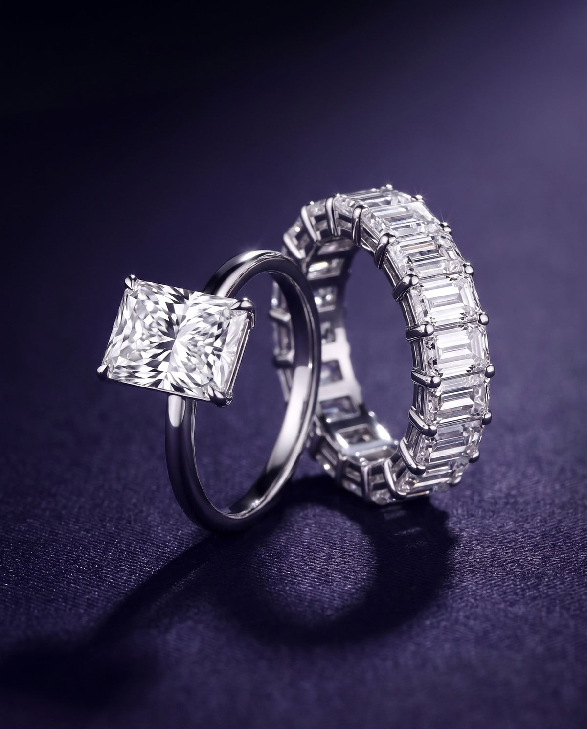 Radiant cut lab grown diamond engagement ring and emerald cut eternity band in 14K white gold