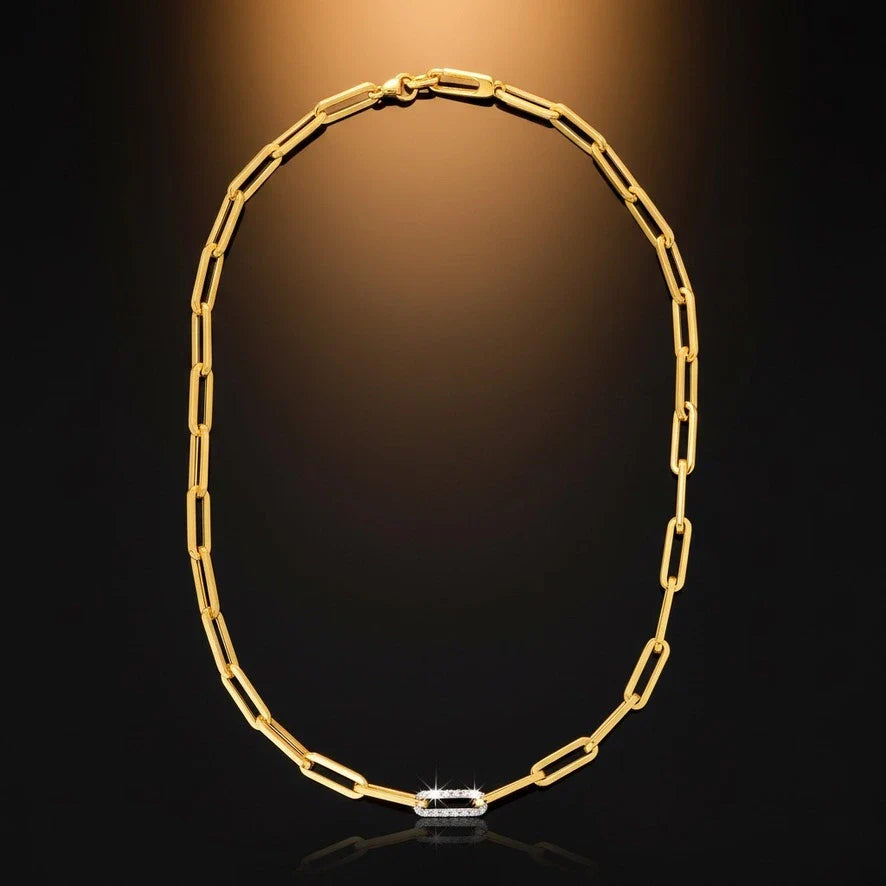 14k yellow Gold adjustable paperclip link Necklaces on dark reflective background and Deeve's logo 