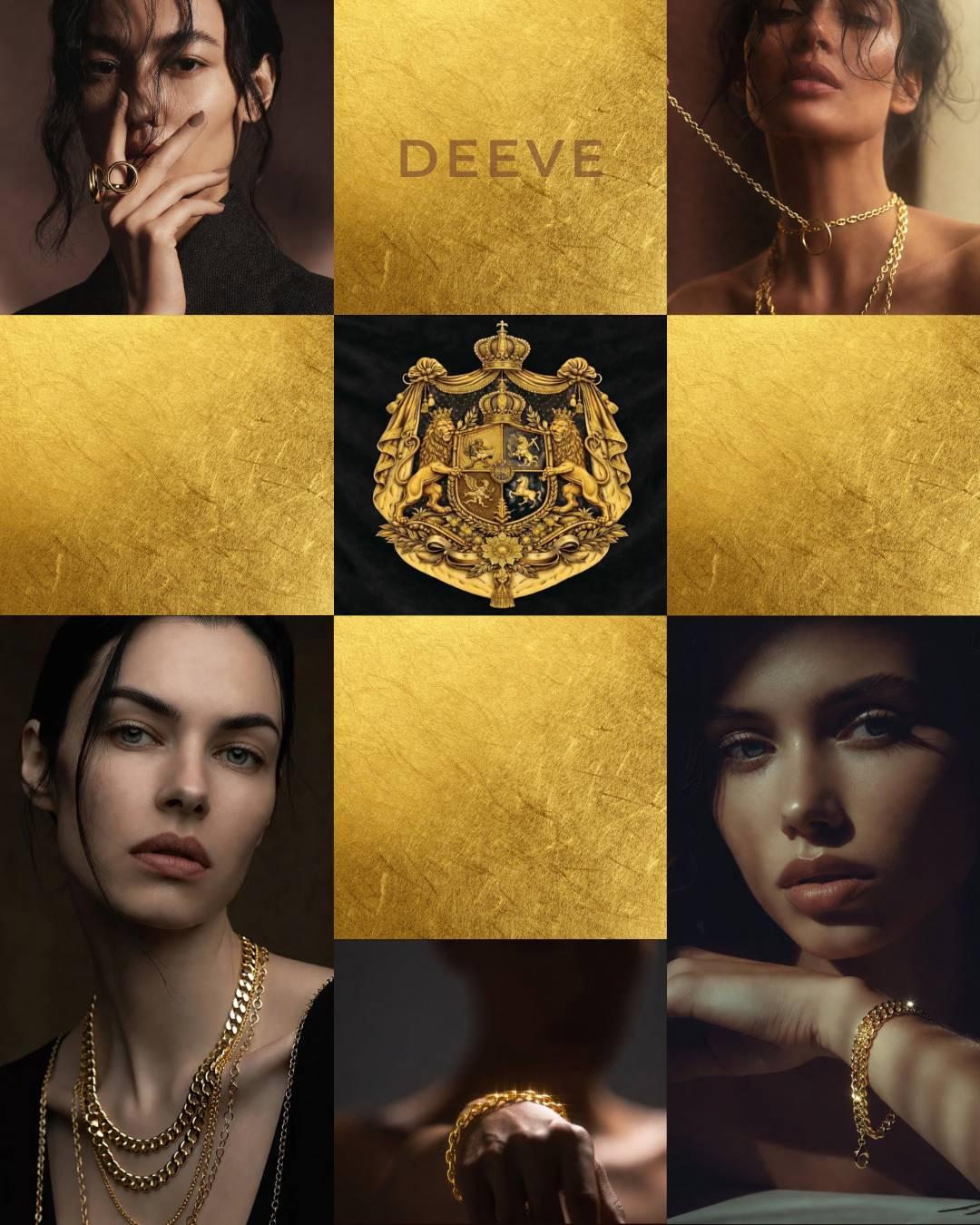 Collage of women wearing solid 14k gold jewelry with natural & lab grown diamond sets, promoting solid gold earrings, fine 14k gold chain bracelets, with 'DEEVE' brand logo in the center. with the logo of the lion and sun- Pahlavi flag- to support IRAN 
