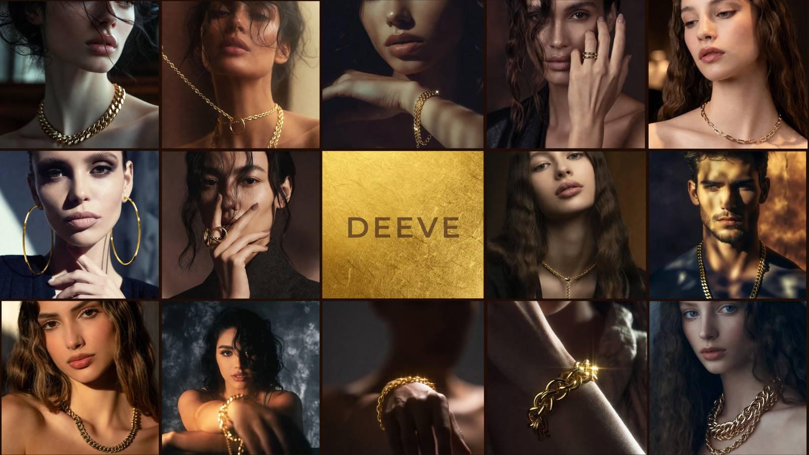 Collage of women wearing 14k gold bracelets, chains and statement jewelry bangles with lab grown diamonds with 'DEEVE' brand logo in the center.