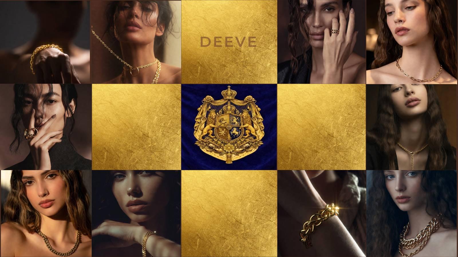 Collage of women wearing solid 14k gold jewelry with natural & lab grown diamond sets, promoting solid gold earrings, fine 14k gold chain bracelets, with 'DEEVE' brand logo in the center. with the logo of the lion and sun- Pahlavi flag- to support IRAN 