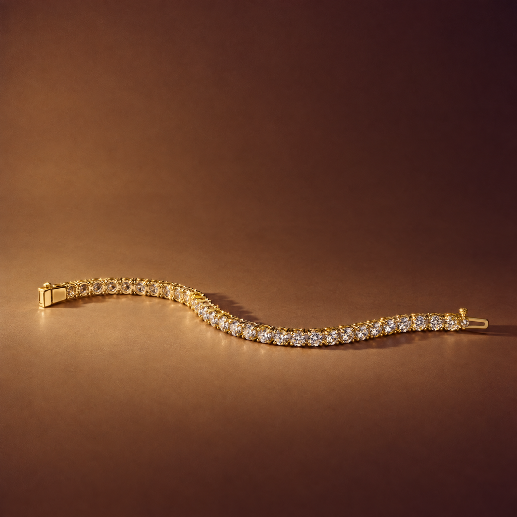 10 carat lab-grown diamond tennis bracelet in 14K yellow gold lying flat on a brown background, AI-generated image — DEEVE