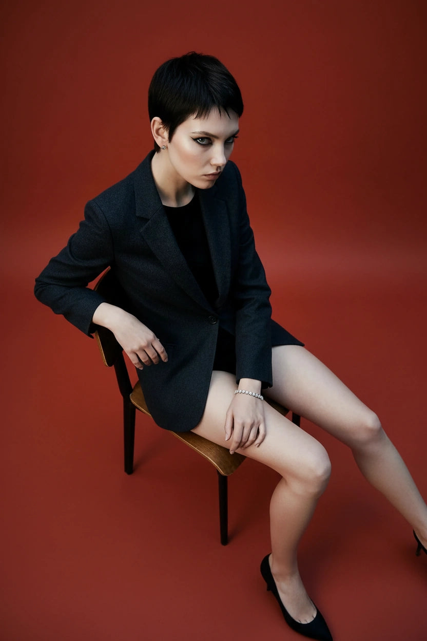 Deeve Canada Model wearing 10 carat lab grown diamond tennis bracelet  in 14k white gold wearing  black dress on a rust orange background 