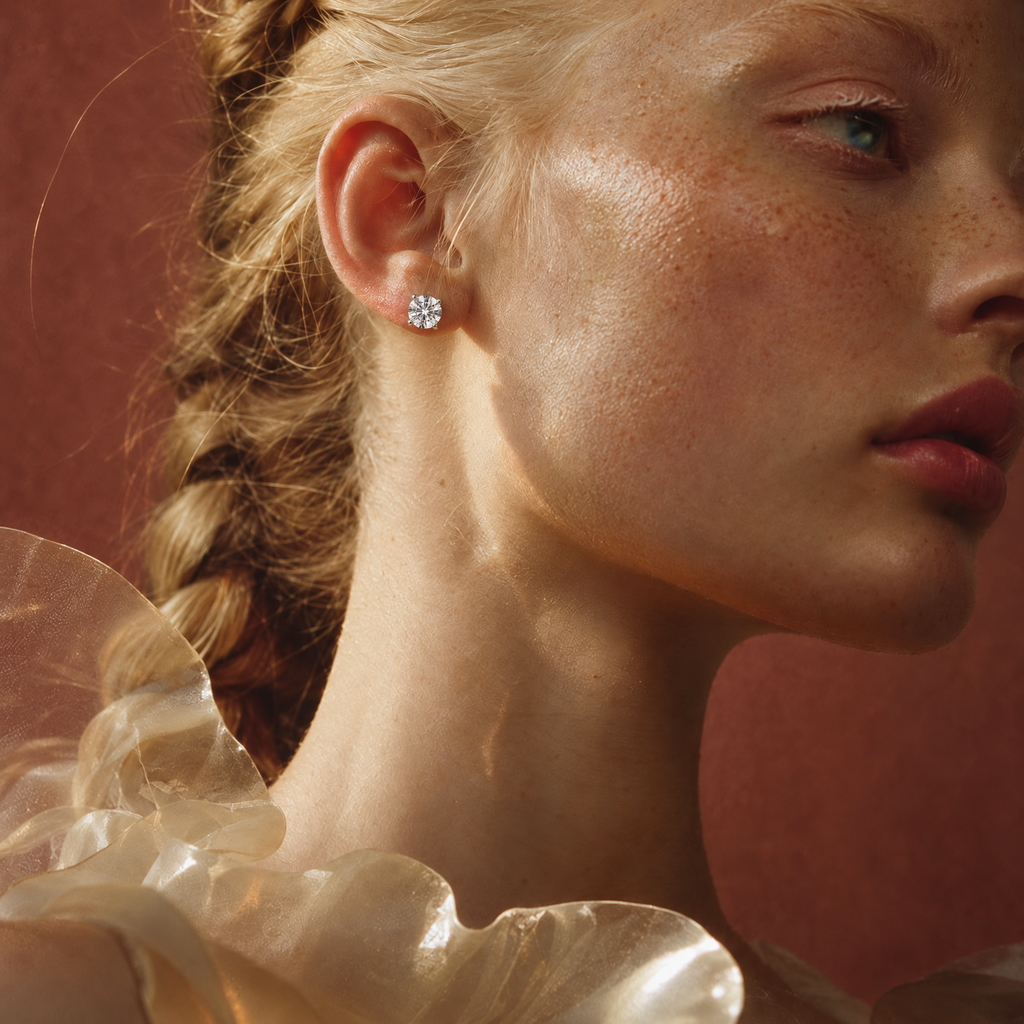 Model wearing 2 carat lab-grown diamond stud earrings in 14K white gold, AI-generated image — DEEVE