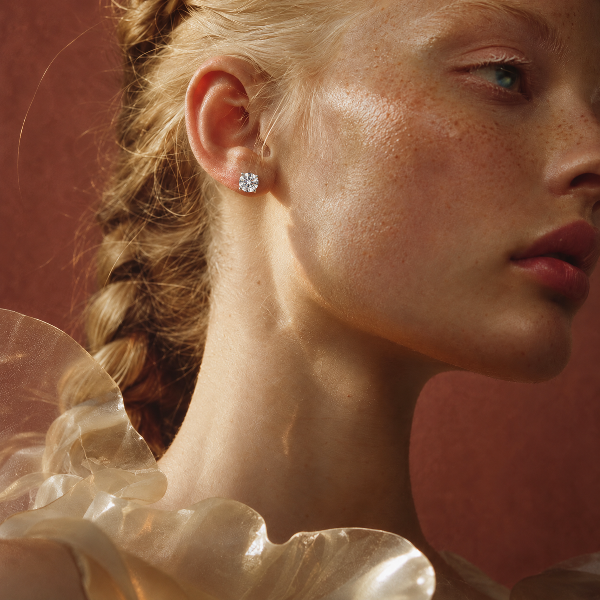 Model wearing 2 carat lab-grown diamond stud earrings in 14K white gold, AI-generated image — DEEVE