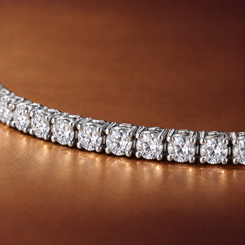 Close-up of round lab-grown diamonds in four-prong 14K white gold settings on a 2 carat tennis bracelet, AI-generated image — DEEVE