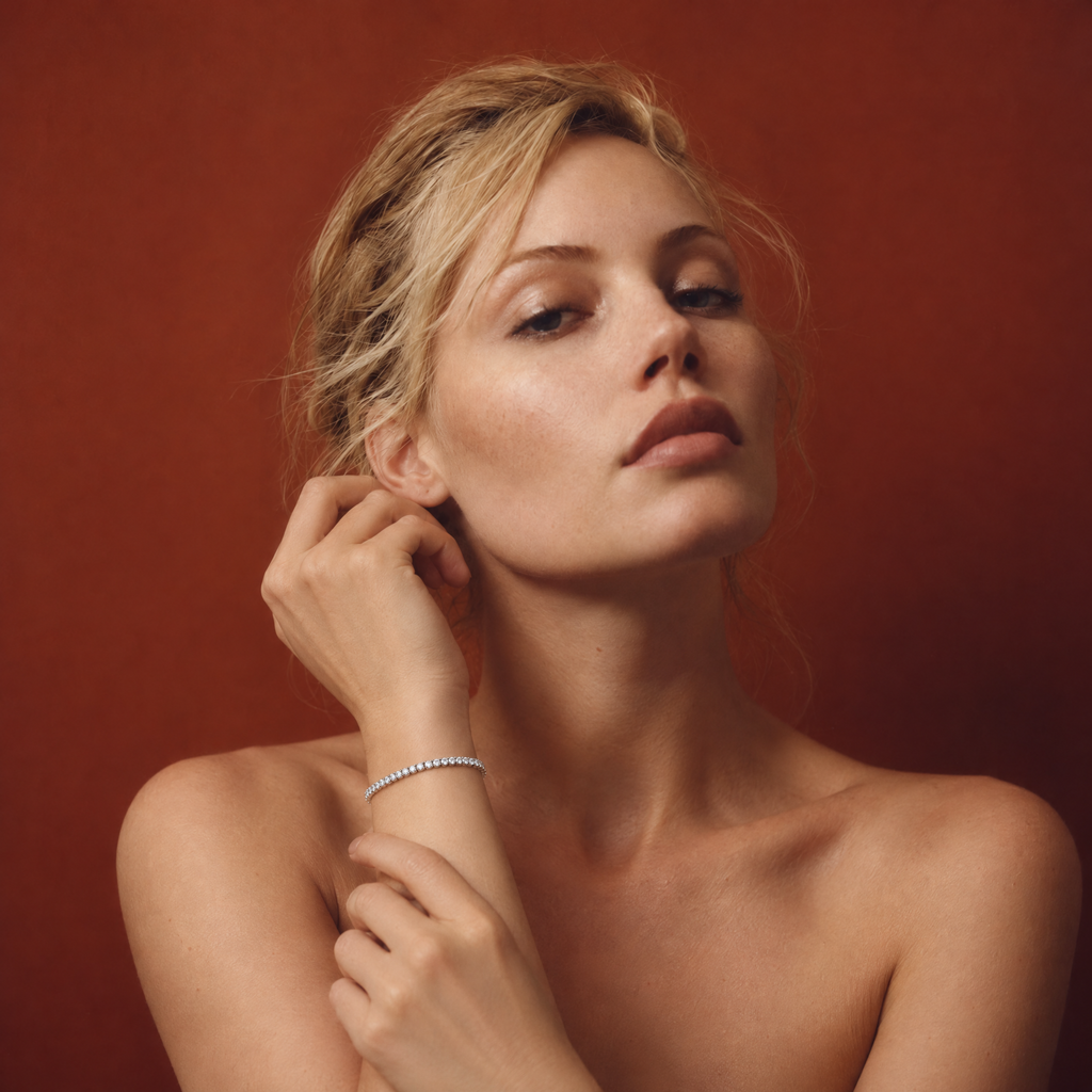 Model wearing a 2 carat lab-grown diamond tennis bracelet in 14K white gold, AI-generated image — DEEVE