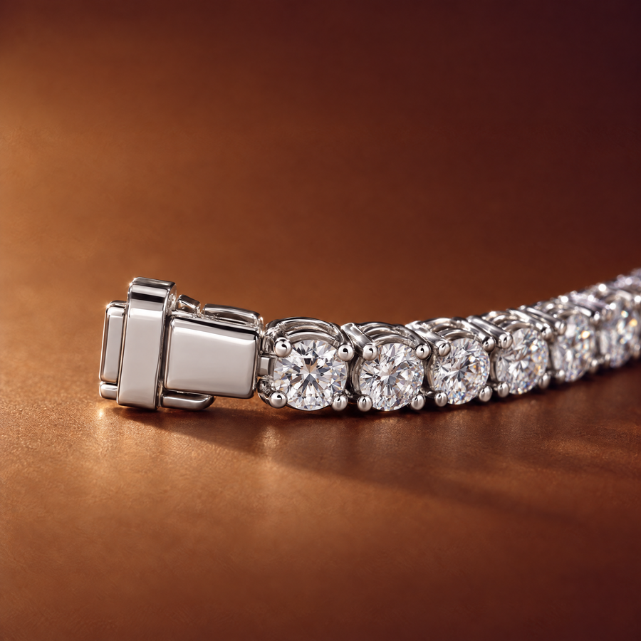 Close-up of the box clasp and round lab-grown diamonds in four-prong 14K white gold settings on a 3 carat tennis bracelet, AI-generated image — DEEVE