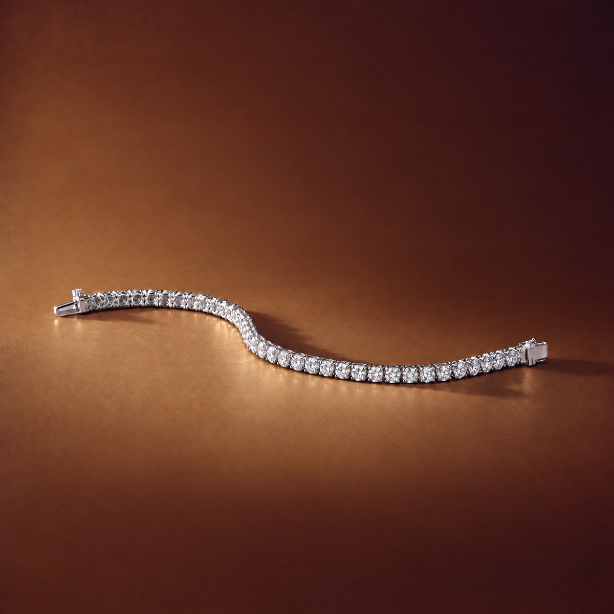 3 carat lab-grown diamond tennis bracelet in 14K white gold lying flat on a brown background, AI-generated image — DEEVE
