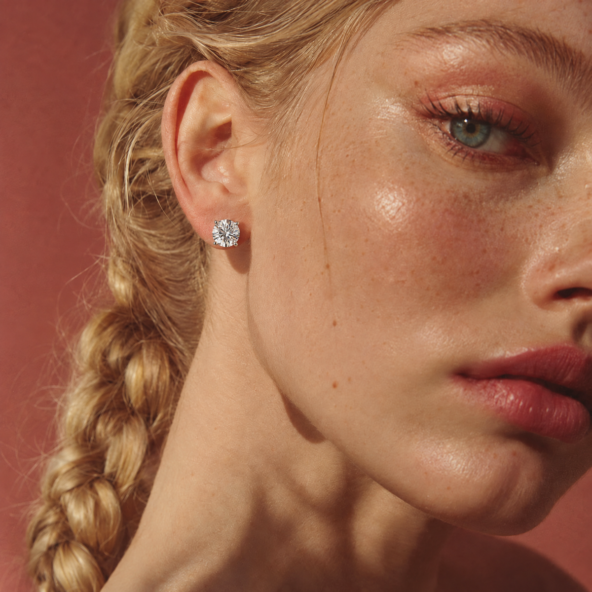 Model wearing 4 carat lab-grown diamond stud earrings in 14K white gold, AI-generated image — DEEVE